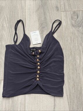 Blue Blush Sleeveless Navy Ruched Front Tank Top with Gold Button Detail- Small